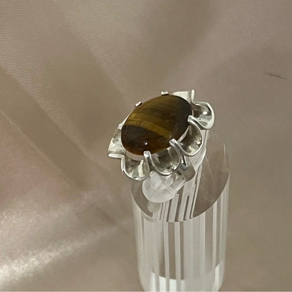 Vintage Sterling Silver Ribbon Ruffle Edge Tiger's Eye Ring 925 Size 5.5 Unique - Picture 4 of 16